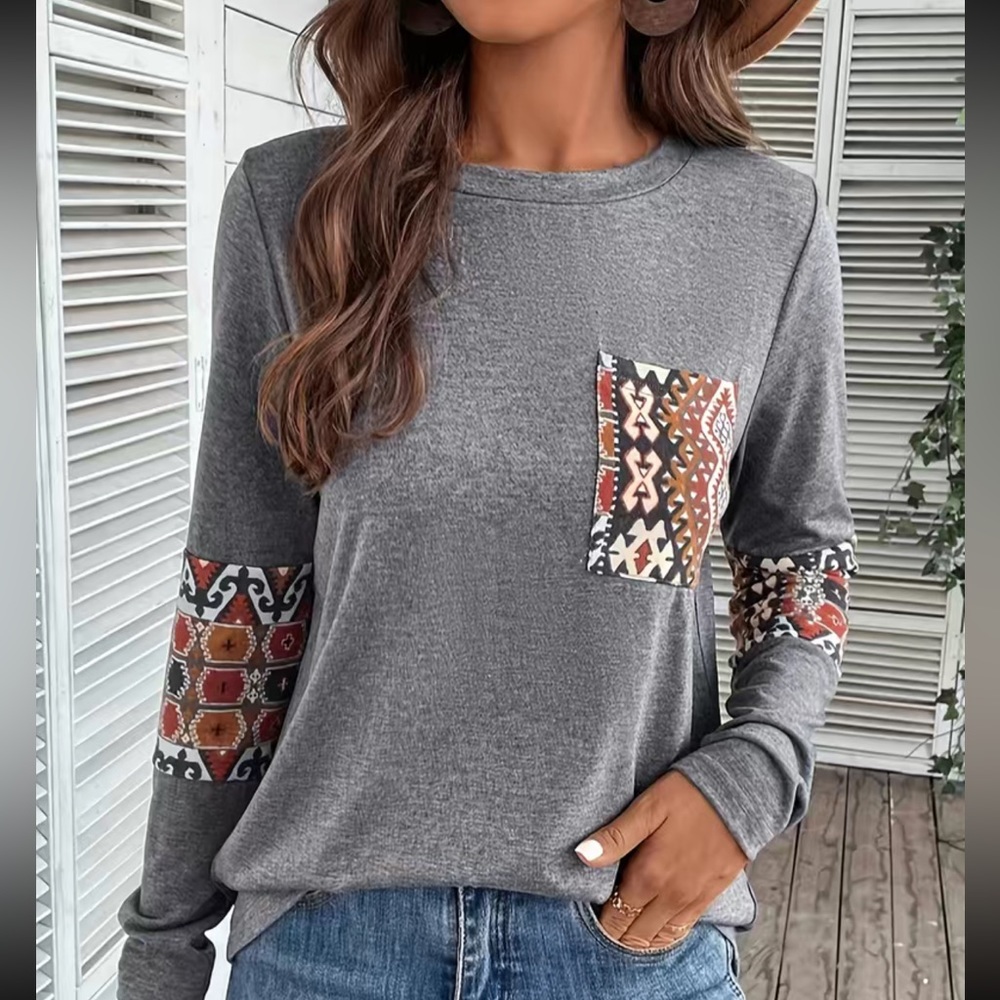 Aztec Print Elbow Patch Long Sleeve Shirt - Picture 2 of 6